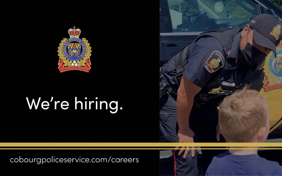 Left of image black background with police crest and 'we're hiring' Let image of a police officer talking to a child.