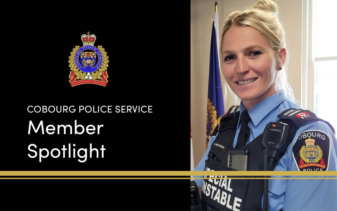 Police crest and text ‘Cobourg police service member spotlight’ Picture of Special Constable Hillary Detlor